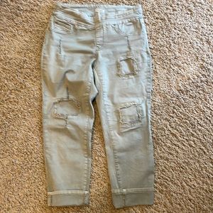 Military green distressed capris